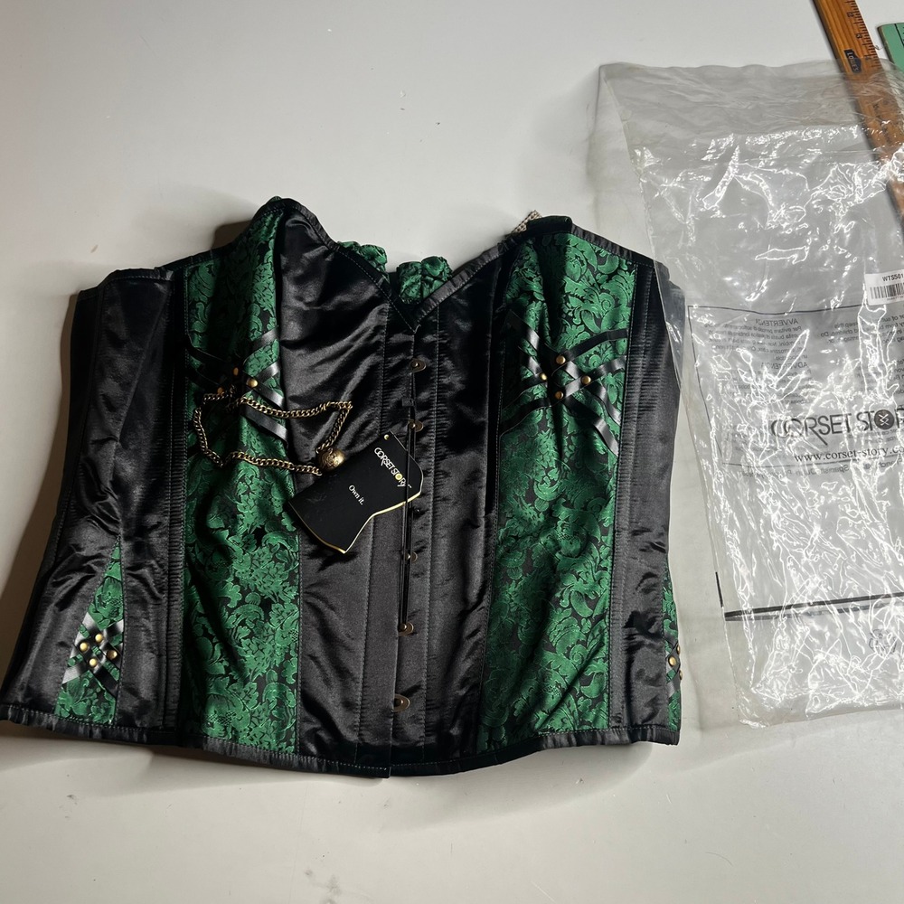 Corset Story Green Black Damask Steampunk Steel Boned Overbust Corset 46 WT5501
